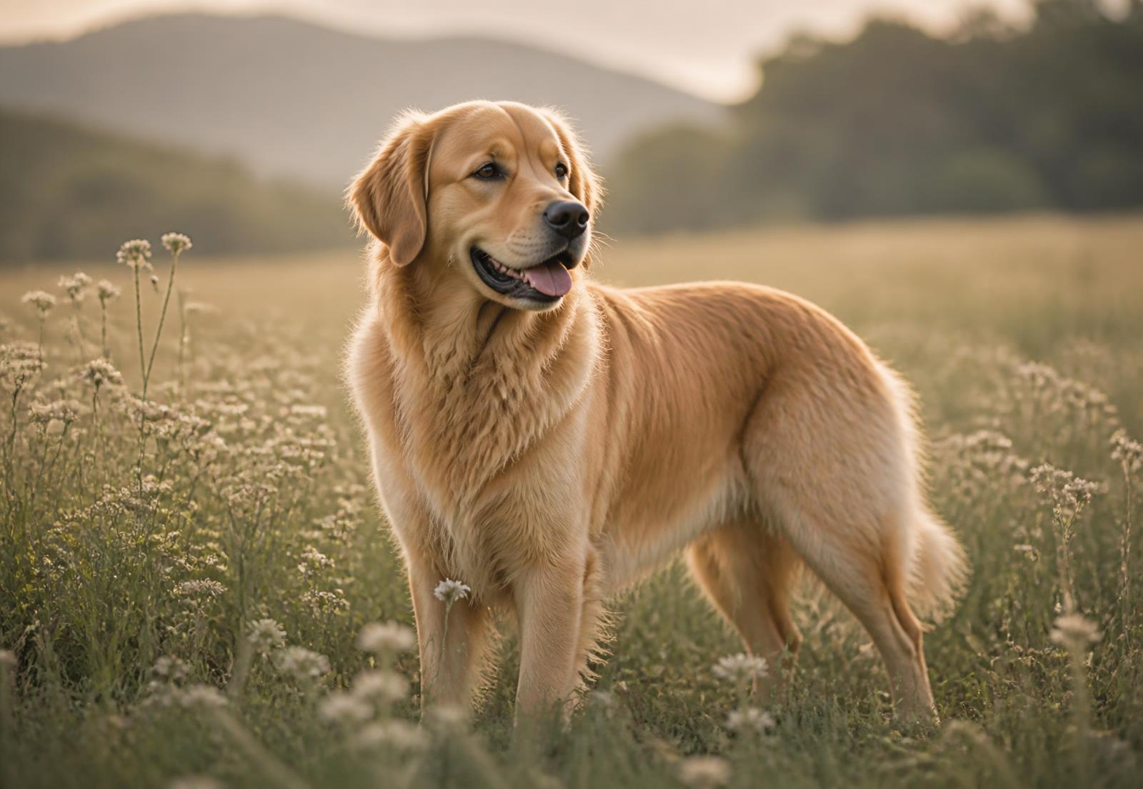 A healthy adult golden retriever standing calmly in a sunlit meadow